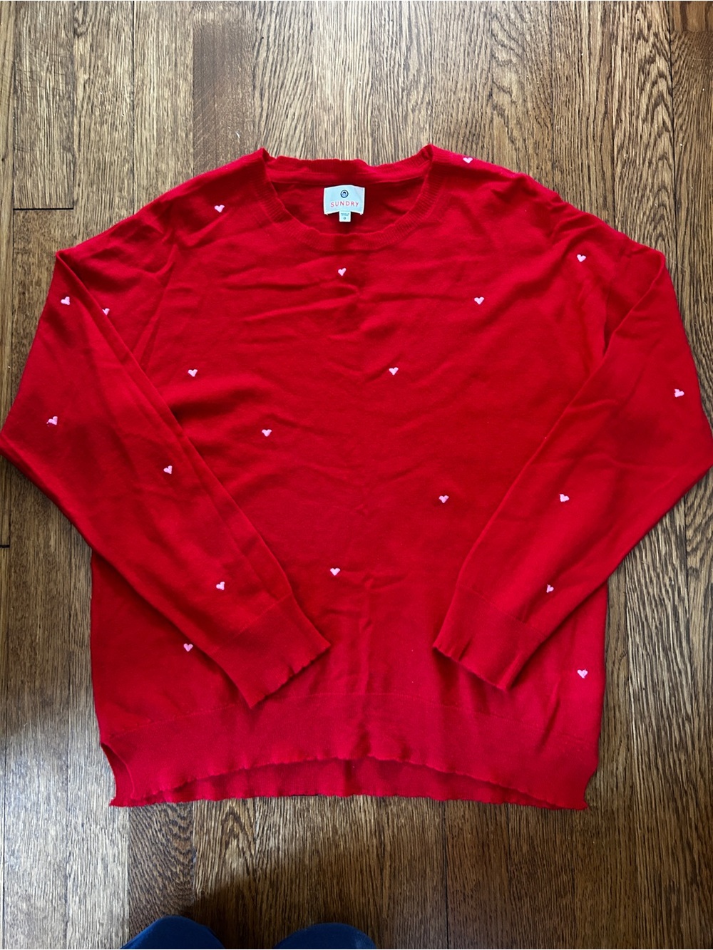Sundry Lightweight Red Crewneck cashmere blend Sweater with embroidered hearts
